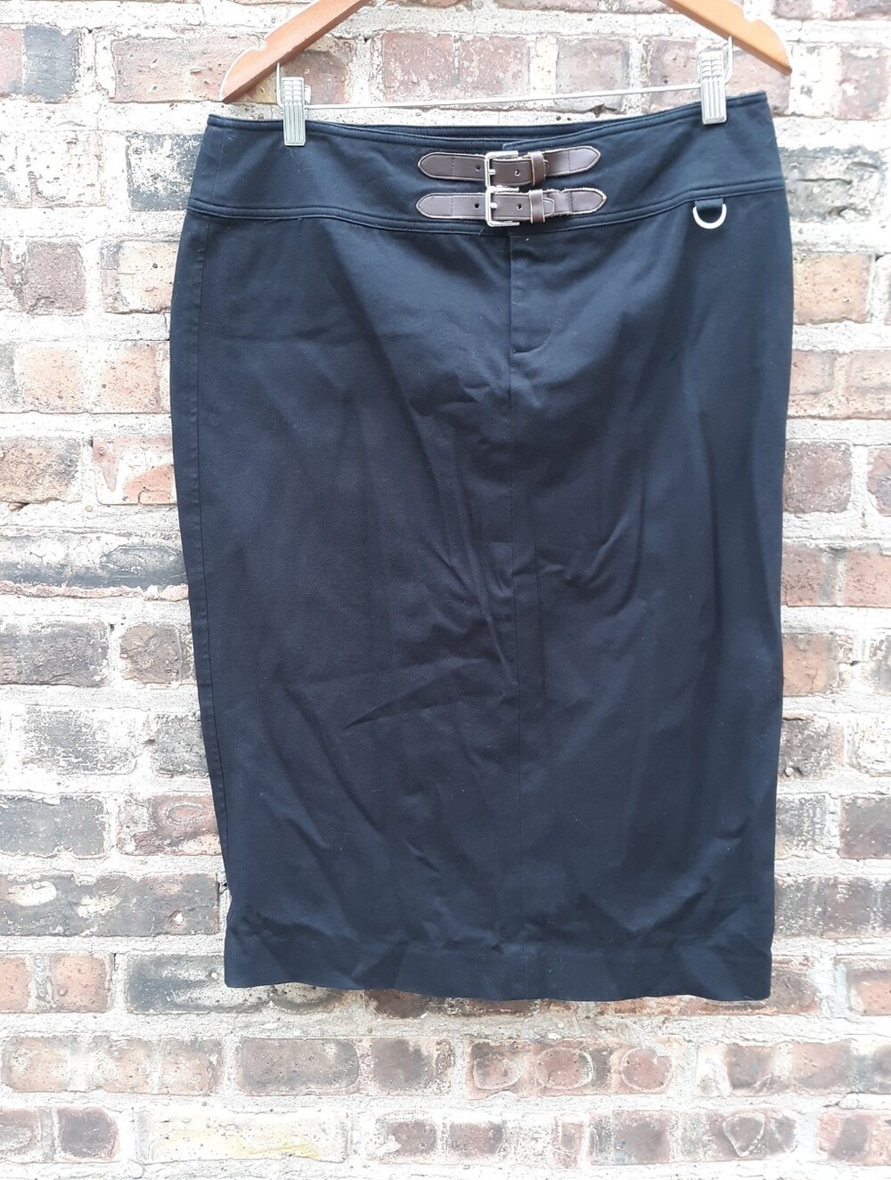 LAUREN Ralph Lauren Black Cotton Pencil Skirt Leather Buckles Sz 10 Vintage